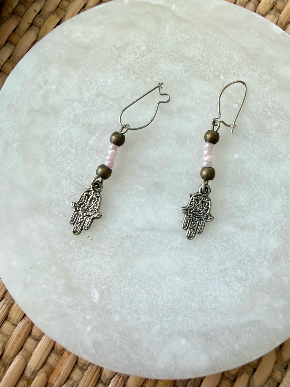 Vintage Hamsa Drop Earrings with Pink Beads